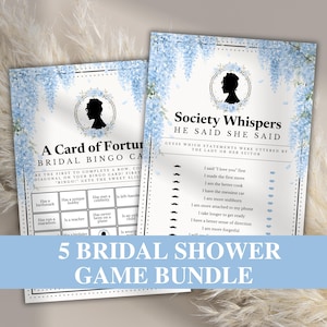 以下が含まれることがあります： ブライダルシャワーゲームのバンドル。ゲームには、「Bridal Bingo」カードと「He Said She Said」ゲームが含まれています。カードには、薄い青色のフローラルデザインと女性のシルエットがあります。「5 Bridal Shower Game Bundle」というテキストが一番下にあります。