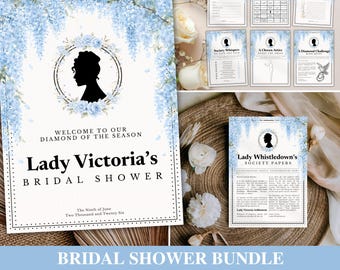 Regency Society Bridal Shower Bundle • Victorian • Tea Party • 30 Games • The Ton Editable Welcome Sign • Invitation • Whistle Blue Floral