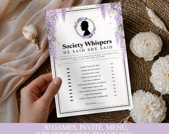 Regency Society Bridal Shower Bundle • Victorian • Tea Party • 30 Games • The Ton Editable Welcome Sign • Invitation • Whistle Purple Floral