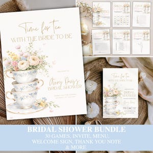 Tea Party Bridal Shower Game Bundle • Time for Tea with the Bride to Be • Editable Welcome Sign • Invitation • 30 Games  • Wildflower Floral