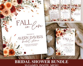 Puede incluir: Un conjunto de papelería para despedida de soltera con fondo blanco y arreglos florales de dalias burdeos, naranjas y crema junto a eucalipto. El texto incluye Fall in Love, Welcome to Avery Davis's Bridal Shower y varios títulos de juegos.