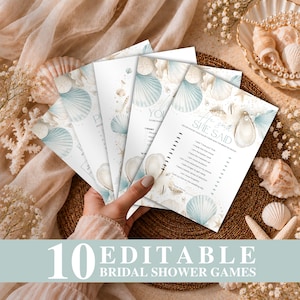 May include: A set of printed bridal shower game cards featuring watercolor illustrations of seashells, starfish, and pearls. The cards include the text He Said She Said and a list of statements with checkboxes for scoring points during the game.