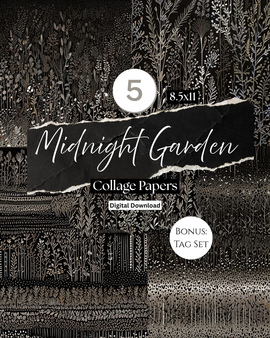 Midnight Garden Junk Journal Kit – 5 Grayscale Collage Papers + Bonus ...