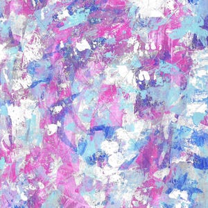 Puede incluir: Obra de arte abstracta con una apariencia texturizada. La obra presenta una mezcla de colores, incluyendo tonos de rosa, azul, blanco y morado. Las pinceladas son visibles, creando una composición dinámica y expresiva. El efecto general es una pieza vibrante y enérgica.