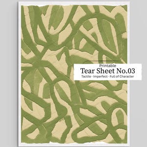 Könnte beinhalten: Ein rechteckiger Druck mit einem abstrakten Muster aus überlappenden olivgrünen Formen auf cremefarbenem Hintergrund. Ein weißes rechteckiges Etikett überlagert die Mitte mit dem Text: Printable Tear Sheet No.03 Tactile · Imperfect · Full of Character.