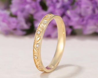 Vintage Leaf Engraved Moissanite Wedding Band Nature Inspired Yellow Gold Eternity Ring Handmade Staking Jewelry Unique Promise Gift For Her