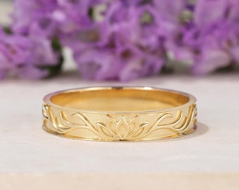 Unique Lotus Engraved Couple Ring For Men Vintage Yellow Gold Wedding Band July Birthday Flower Design Promise Ring Anniversary Gift For Him
