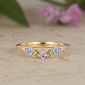 Dainty Forgot Me Not Enamel Curved Wedding Band Solid Gold Leaf Floral Wedding Ring Handmade Custom Stacking Matching Band Gift For Women