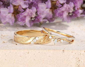 Engraved Twist Nature 2pcs Couple Ring Set Moissanite Birthstone Yellow Gold Vine Leaf Engraving  His and Her Ring Unique Men Promise Ring