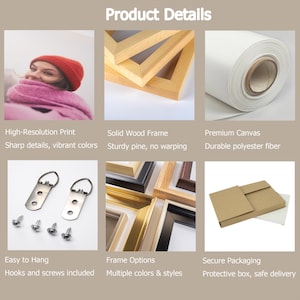 May include: Image showcasing product details, including a high-resolution print with sharp details and vibrant colors. It also highlights a solid wood frame made of sturdy pine, premium canvas, easy-to-hang hardware, frame options, and secure packaging.