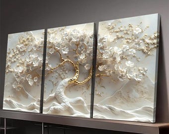 3pcs Luxury Tree of Life Wall Art – Gold and White Floral Canvas Prints, Modern Embossed Botanical Decor for Living Room