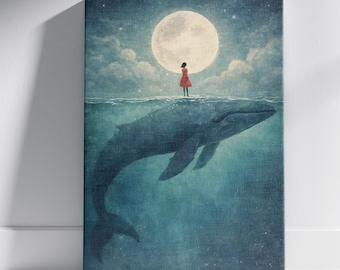 Dreamy Fantasy Canvas Art Girl and Whale, Surreal Ocean Wall Decor, Moonlit Night Illustration Artwork