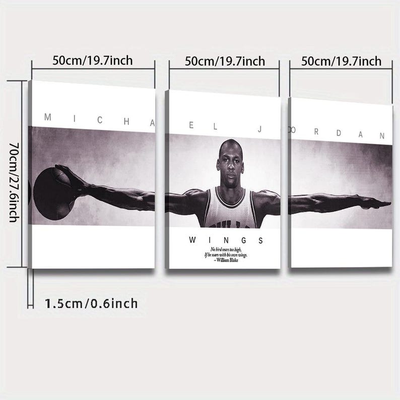 May include: A triptych canvas art set featuring a black and white image of Michael Jordan. Each panel is 19.7 inches wide and 27.6 inches tall. The center panel includes the word "WINGS" and a quote. The set is 0.6 inches thick.