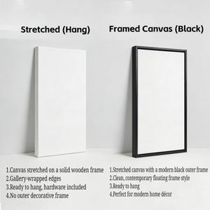 May include: Two white canvas art pieces, one stretched on a wooden frame and the other framed in black. Text on the left reads: Canvas stretched on a solid wooden frame, gallery-wrapped edges, ready to hang, and no outer decorative frame.