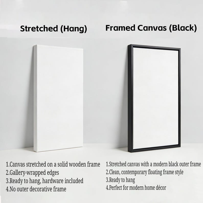 May include: Two white canvas art pieces, one stretched on a wooden frame and the other framed in black. Text on the left reads: Canvas stretched on a solid wooden frame, gallery-wrapped edges, ready to hang, and no outer decorative frame.