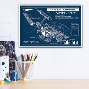 Könnte beinhalten: Ein blaupausenartiger Druck der U.S.S. Enterprise NCC-1701, ein Schwerer Kreuzer der Constitution-Klasse, in Weiß auf dunkelblauem Hintergrund. Der Druck enthält detaillierte Schemata und Beschriftungen der Komponenten des Raumschiffs.