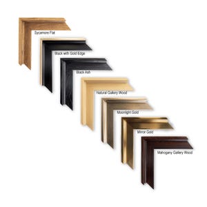 May include: Assortment of picture frame corner samples in various finishes. Includes Sycamore Flat, Black with Gold Edge, Black Ash, Natural Gallery Wood, Moonlight Gold, Mirror Gold, and Mahogany Gallery Wood.