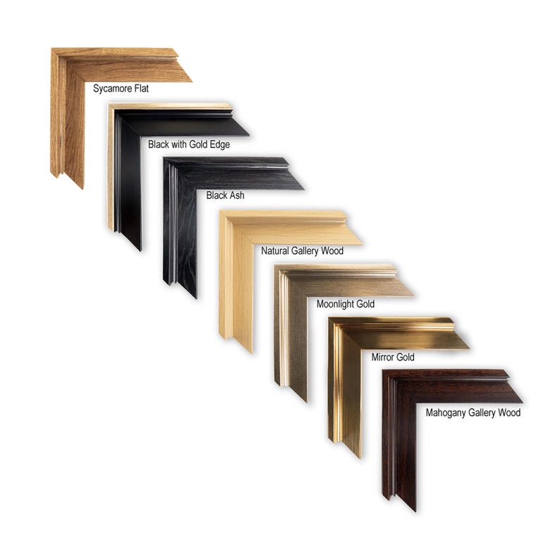 May include: Assortment of picture frame corner samples in various finishes. Includes Sycamore Flat, Black with Gold Edge, Black Ash, Natural Gallery Wood, Moonlight Gold, Mirror Gold, and Mahogany Gallery Wood.