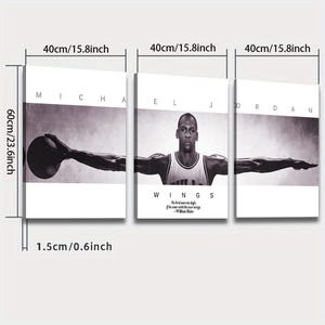 May include: A black and white triptych canvas print featuring Michael Jordan. Each panel is 15.8 inches wide and 23.6 inches tall. The center panel displays Jordan with outstretched arms, the word "WINGS" and a quote.