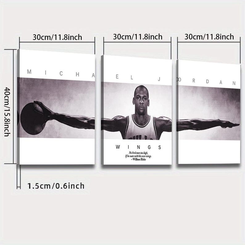 May include: A triptych canvas art piece featuring a black and white image of Michael Jordan. Each panel is 11.8 inches wide and 15.8 inches tall. The center panel includes the word "WINGS" and a quote by William Blake.