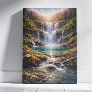 May include: A canvas print depicting a vibrant waterfall scene. The artwork showcases a cascading waterfall flowing into a turquoise pool, surrounded by lush greenery and colorful wildflowers. The background features a mountain range under a bright sky.