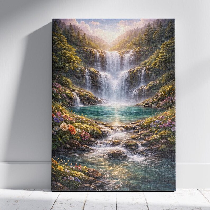 May include: A canvas print depicting a vibrant waterfall scene. The artwork showcases a cascading waterfall flowing into a turquoise pool, surrounded by lush greenery and colorful wildflowers. The background features a mountain range under a bright sky.