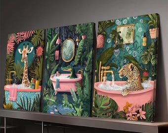 3pcs Jungle Animal Bathroom Wall Art – Giraffe, Crocodile & Leopard in Tropical Bath, Whimsical Safari Canvas Prints Fun Bathroom Decor Gift