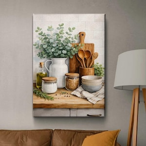 Farmhouse Kitchen Wall Art, Rustic Cooking Still Life Print, Botanical Kitchen Decor, Cozy Home Illustration, Culinary Wall Poster