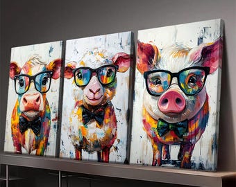 3pcs Farm Animal Wall Art – Colorful Cow, Sheep & Pig with Glasses Canvas Prints, Funny Pop Art Kitchen Decor, Farmhouse Wall Gift Set