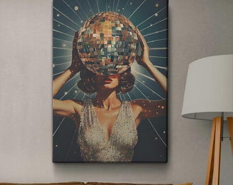Disco Ball Art Print | Retro Dance Poster | Vintage Sequin Wall Art | 70s Party Decor | Funky Wall Decor | Disco Girl Print