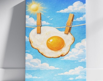 卵の絵 食べ物の絵 オリジナル油絵 新聞アート 目玉焼き 朝食の絵