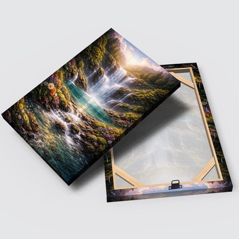 May include: A canvas print depicting a vibrant waterfall scene. The artwork showcases a cascading waterfall with turquoise water, surrounded by lush greenery and colorful flowers. The canvas is stretched over a wooden frame, with a metal hanger on the back.