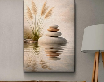 Zen Stones Wall Art Canvas, Minimal Calm Decor, Spa Style Wall Art, Meditation Room Gift