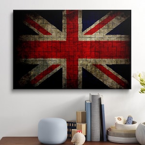 May include: A rectangular canvas print of the Union Jack flag, featuring a distressed, textured design. The flag's red, white, and blue colors are arranged in the traditional pattern, with a dark, aged appearance. The print is mounted on a wall.