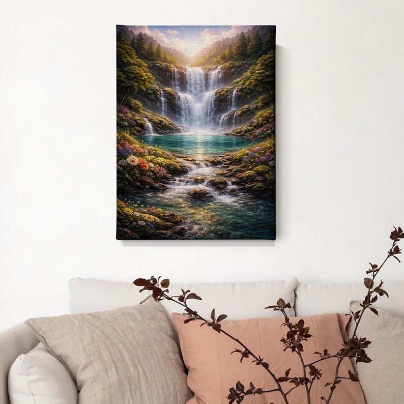 May include: A canvas print depicting a serene waterfall scene. The artwork features a cascading waterfall flowing into a turquoise pool, surrounded by lush greenery and colorful flowers. The sky is a blend of soft blues and yellows, creating a tranquil landscape.