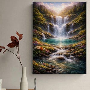 May include: A canvas print of a serene waterfall scene. The artwork depicts a multi-tiered waterfall cascading into a turquoise pool, surrounded by lush greenery and colorful wildflowers. The sky is a gradient of blues and yellows.