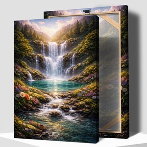 May include: A canvas print depicting a vibrant waterfall scene. The artwork showcases a cascading waterfall flowing into a turquoise pool, surrounded by lush greenery and colorful flowers. The background features a mountain range and a bright sky.