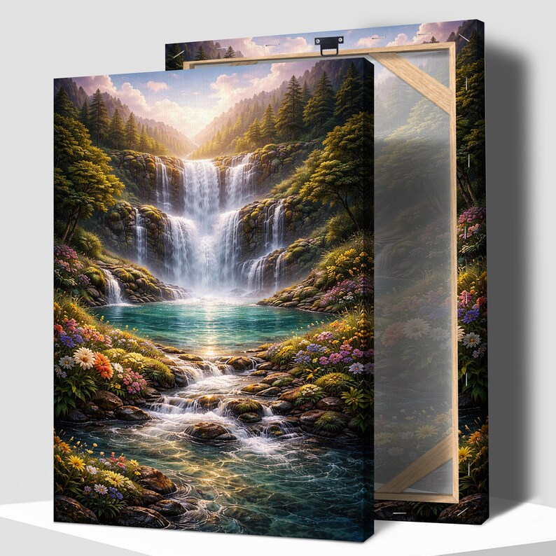 May include: A canvas print depicting a vibrant waterfall scene. The artwork showcases a cascading waterfall flowing into a turquoise pool, surrounded by lush greenery and colorful flowers. The background features a mountain range and a bright sky.