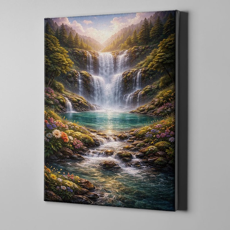 May include: A canvas print of a vibrant waterfall scene. The artwork depicts a multi-tiered waterfall cascading into a turquoise pool, surrounded by lush greenery and colorful flowers. The sky is a mix of blue and sunlight.