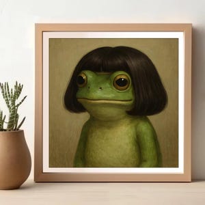 Funny Frog Girl Portrait Wall Art Print, Vintage Oil Painting Style Frog with Bob Hair, Whimsical Animal Character Artwork