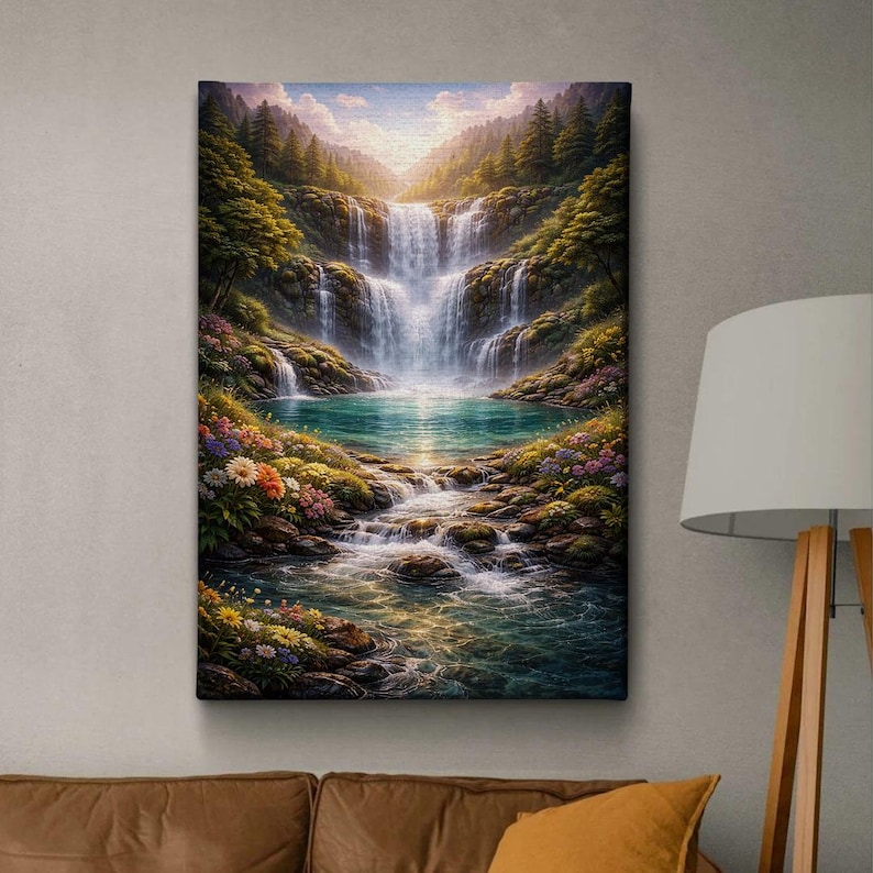 May include: A canvas print depicting a vibrant waterfall scene. The artwork showcases a cascading waterfall flowing into a turquoise pool, surrounded by lush greenery and colorful flowers. The sky is a soft blue with hints of sunlight.