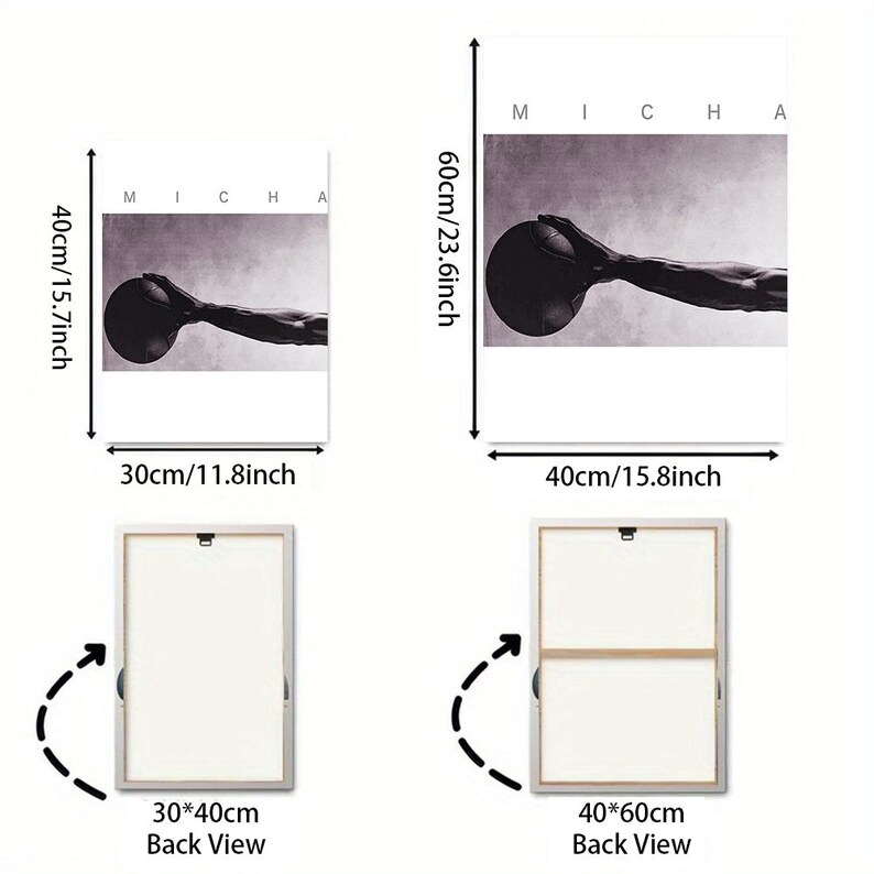 May include: Black and white wall art featuring a basketball and an arm holding the ball. The artwork is available in two sizes: 11.8 x 15.7 inches and 15.8 x 23.6 inches. The word "MICHA" is printed at the top of the artwork.
