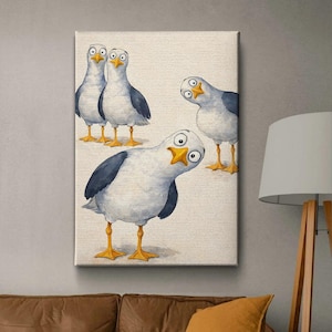Affiche murale représentant une mouette amusante, illustration d'oiseau mignon, décoration de chambre d'enfant sur le thème de la mer, cadeau original avec une œuvre d'art animalière.