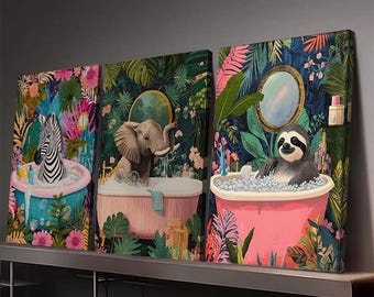3pcs Funny Animal Bathroom Wall Art – Zebra Elephant Sloth Bathtub Prints, Tropical Jungle Bathroom Decor, Gift for Kids & New Home