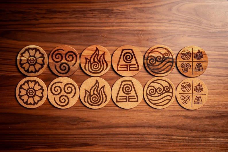 Set of 4 ATLA Inspired Coasters | Four Elements, White Lotus, Iroh - Etsy