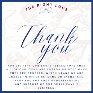 Pu&ograve; includere: Uno sfondo bianco con un bordo blu navy e testo. Le parole "Thank you" sono in un carattere grande ed elegante. La parte superiore dell'immagine recita "The Right Look". Ulteriore testo fornisce informazioni sul negozio.
