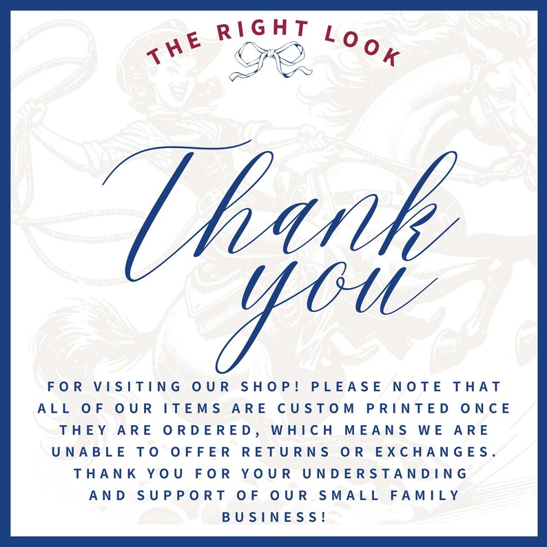 Pu&ograve; includere: Uno sfondo bianco con un bordo blu navy e testo. Le parole "Thank you" sono in un carattere grande ed elegante. La parte superiore dell'immagine recita "The Right Look". Ulteriore testo fornisce informazioni sul negozio.