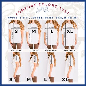 Pu&ograve; includere: Presentazione di t-shirt bianche nelle taglie S, M, L e XL, con vestibilit&agrave; Relaxed, Loose, Oversized e Dress Shirt. Le misure in cm sono fornite per ogni taglia, inclusa la larghezza del petto e la lunghezza della maglietta. Il testo "COMFORT COLORS 1717" &egrave; visibile.