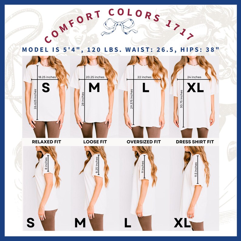 Pu&ograve; includere: Presentazione di t-shirt bianche nelle taglie S, M, L e XL, con vestibilit&agrave; Relaxed, Loose, Oversized e Dress Shirt. Le misure in cm sono fornite per ogni taglia, inclusa la larghezza del petto e la lunghezza della maglietta. Il testo "COMFORT COLORS 1717" &egrave; visibile.