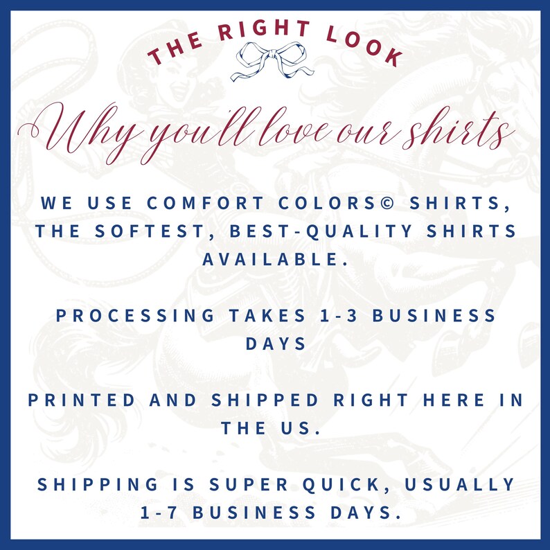 Pu&ograve; includere: Una grafica blu navy e bianca con il testo "THE RIGHT LOOK" e "Why you'll love our shirts." Il testo indica anche che le camicie sono Comfort Colors, le camicie di migliore qualit&agrave; disponibili.